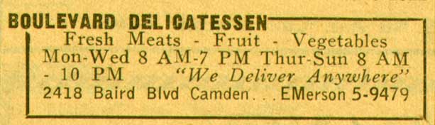 Boulevard Delicatessen, 2418 Baird Boulevard, New Jersey Bell Yellow Pages 1955
