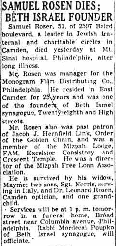 Camden Courier-Post, June 14, 1944 — Samuel Rosen Dies