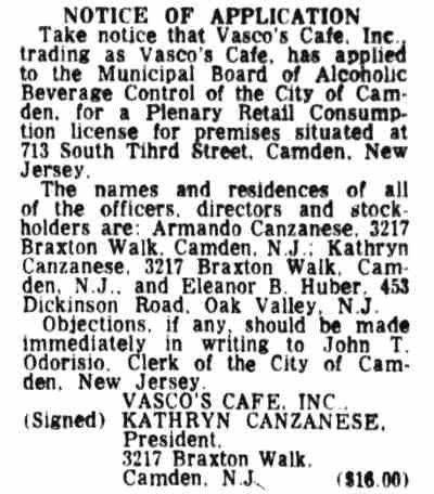 Notice of Application, Vasco's Cafe, 713 South Third Street, Camden Courier-Post, June 11, 1966
