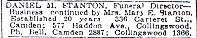 Daniel M. Stanton, Funeral Director advertisement, 1927