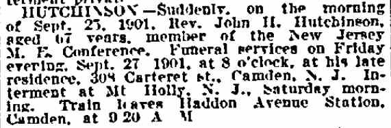 Rev. John H. Hutchinson death notice, 1901