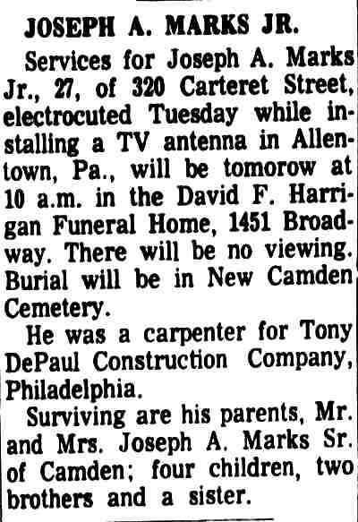 Joseph A. Marks Jr. death notice, 1966
