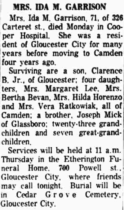 Mrs. Ida M. Garrison death notice, 1962