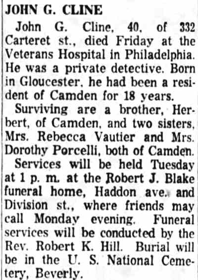 John G. Cline death notice, 1960