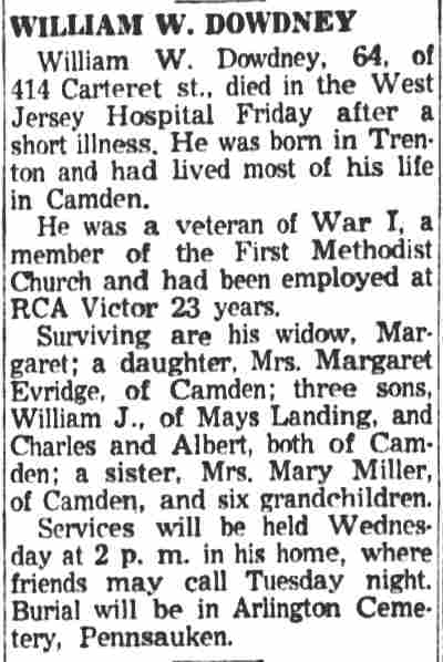 William W. Dowdney death notice, 1955
