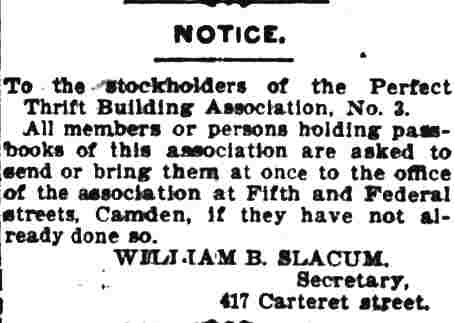 William B. Slacum Perfect Thrift Building Association notice, 1902