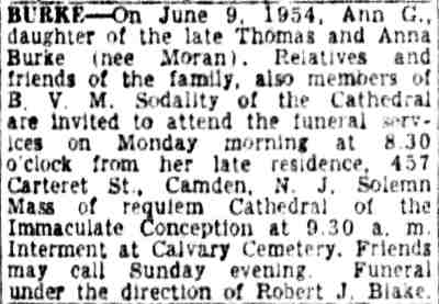 Ann G. Burke funeral notice, 1954