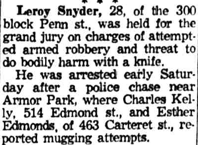 Leroy Snyder held for grand jury; Esther Edmonds mugging report, 1959