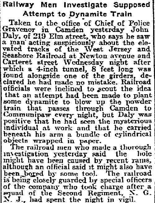Railway men investigate supposed attempt to dynamite train near Newton Ave. and Carteret St., 1917