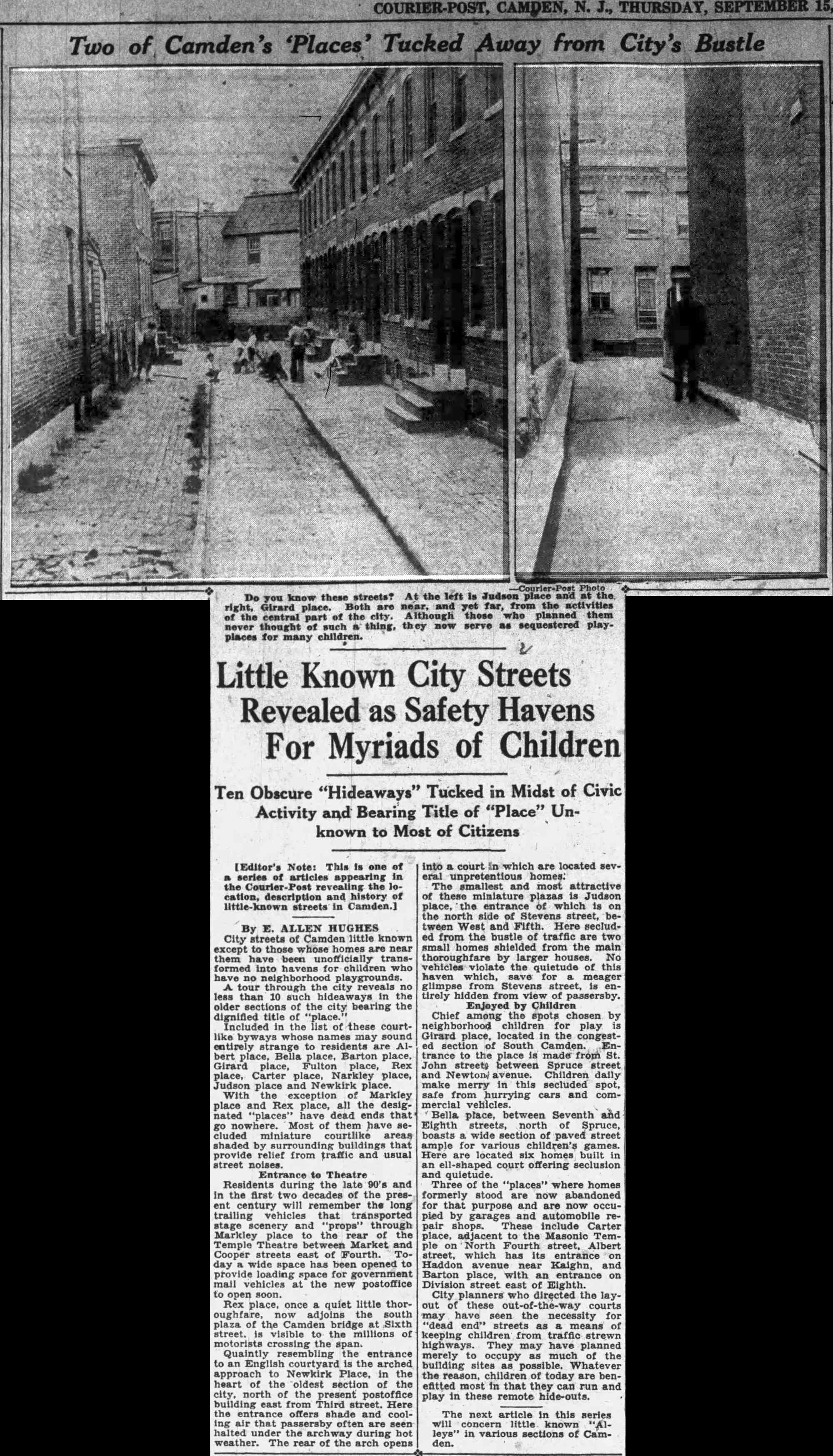 Courier-Post page showing two photos of Judson Place and Girard Place, September 15, 1932