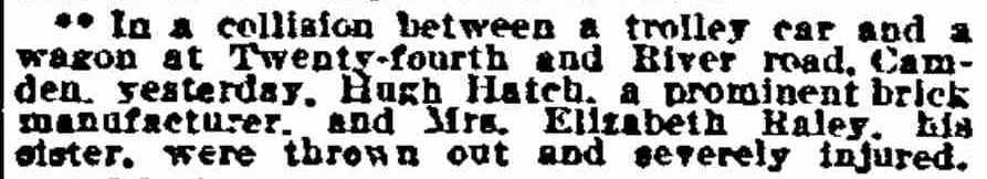 Philadelphia Inquirer clipping, December 15, 1906 — trolley collision injuring Hugh Hatch and his sister