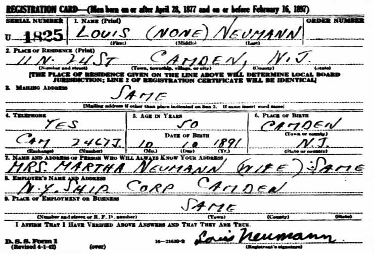 WWII draft card, Louis Neumann, 11 North 24th Street