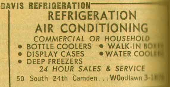 Davis Refrigeration advertisement, 50 South 24th Street, 1955