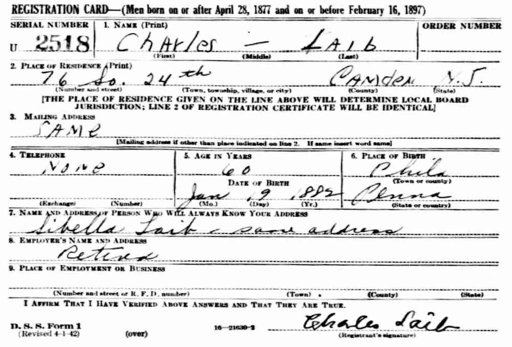 WWII draft card, Charles Laib, 76 South 24th Street