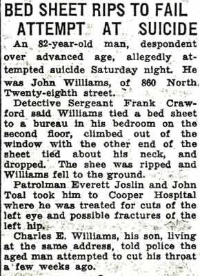 Bed Sheet Rips to Fail Attempt at Suicide — Camden Courier-Post, August 10, 1936