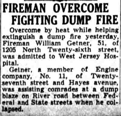 Newspaper clipping, June 8, 1942 — “Fireman Overcome Fighting Dump Fire,” Fireman William Getner of 1205 North Twenty-sixth Street