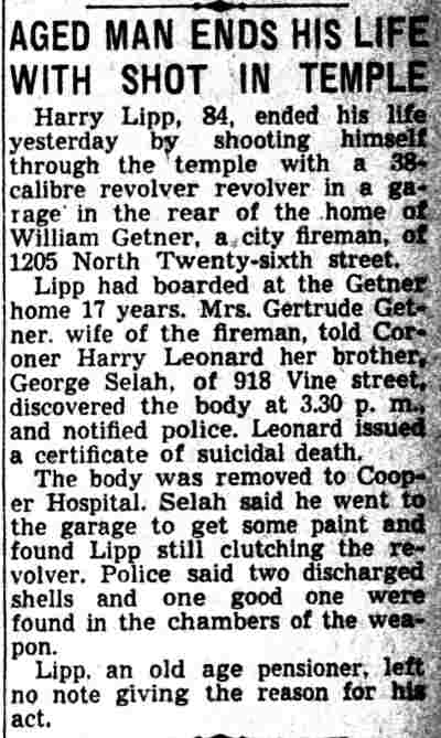 Unidentified publication, November 21, 1939 — “Aged Man Ends His Life With Shot in Temple,” at 1205 North Twenty-sixth Street