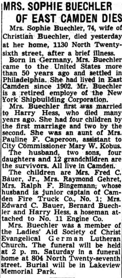 Mrs. Sophie Buechler of East Camden Dies