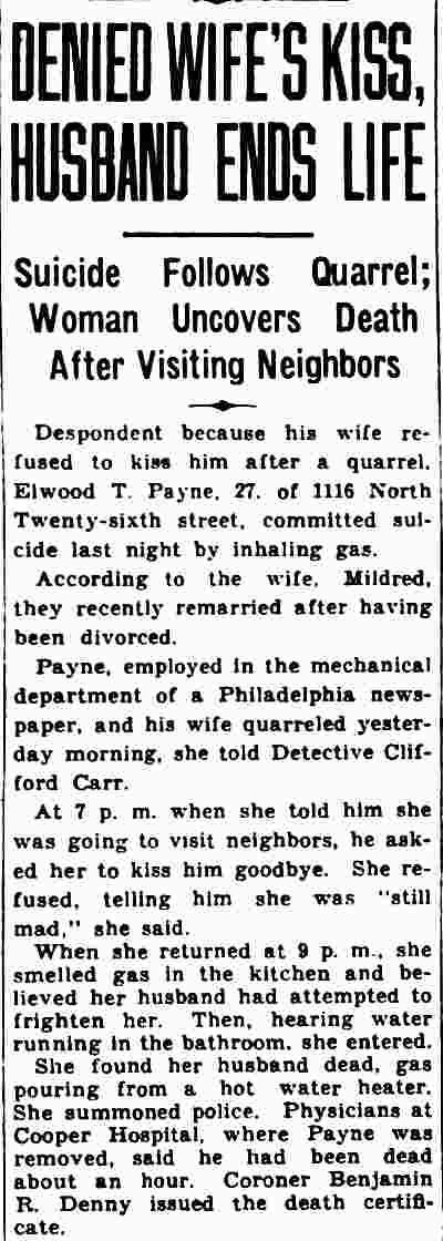 Newspaper clipping, December 21, 1932 — “Denied Wife’s Kiss, Husband Ends Life,” Elwood T. Payne of 1116 North Twenty-sixth Street