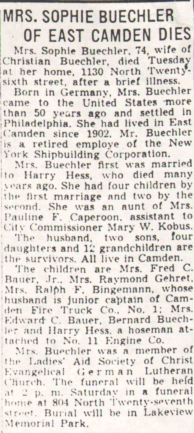 Mrs. Sophie Buechler of East Camden Dies — second printing, Camden Courier-Post, May 30, 1940