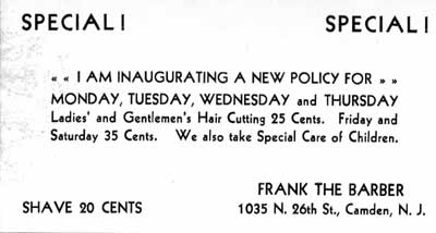 Advertisement card — Frank the Barber, 1035 N. 26th St., Camden, N.J.