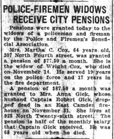 Police-Firemen Widows Receive City Pensions