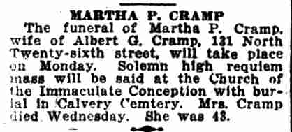 Martha P. Cramp funeral notice, Camden Post-Telegram, December 17, 1926