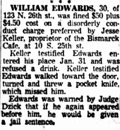 Newspaper clipping, February 4, 1955 — William Edwards, 30, of 123 N. 26th Street, fined on a disorderly conduct charge