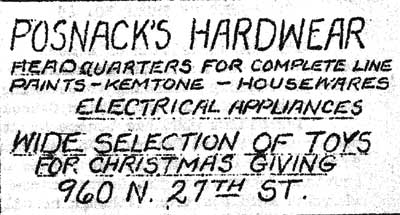 960 North 27th Street — Posnack's Hardware, Ablett's postcard c. 1946