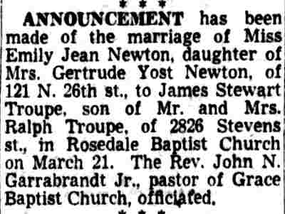 Newton–Troupe marriage announcement, Camden Courier-Post, April 3, 1953