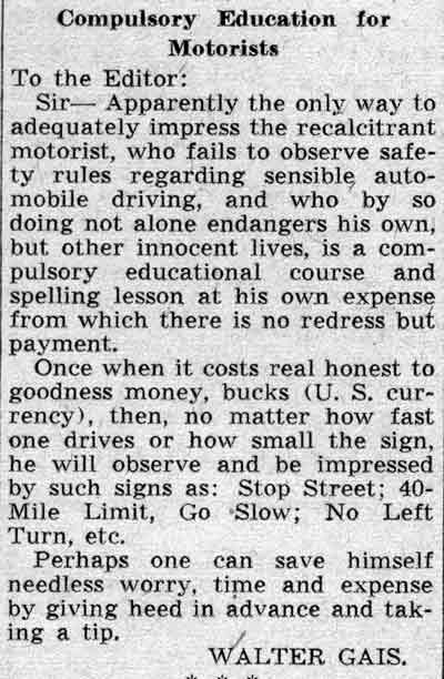 Newspaper clipping, February 22, 1938 — letter to the editor, “Compulsory Education for Motorists,” signed Walter Gais