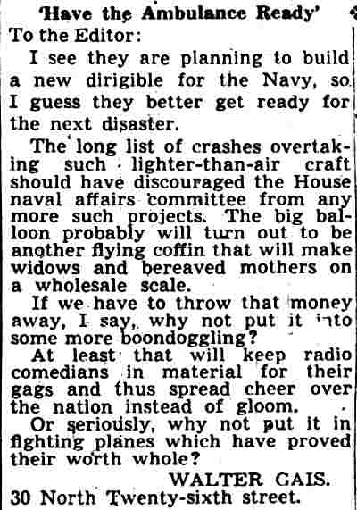Newspaper clipping, April 22, 1939 — letter to the editor, “‘Have the Ambulance Ready’,” signed Walter Gais, 30 North Twenty-sixth Street