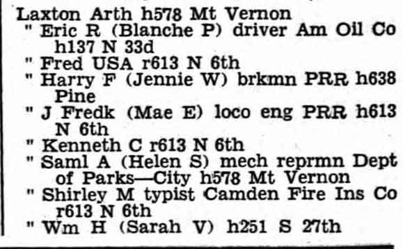 Laxton family city directory listing, 1943