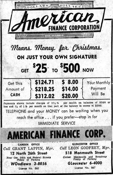 12 North 26th Street — American Finance Corporation advertisement, Camden Courier-Post, November 25, 1955