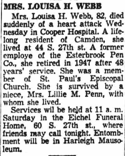 44 South 27th Street — Louisa Webb, March 29, 1957