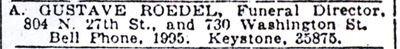 A. Gustave Roedel funeral director advertisement, Washington Street at 27th