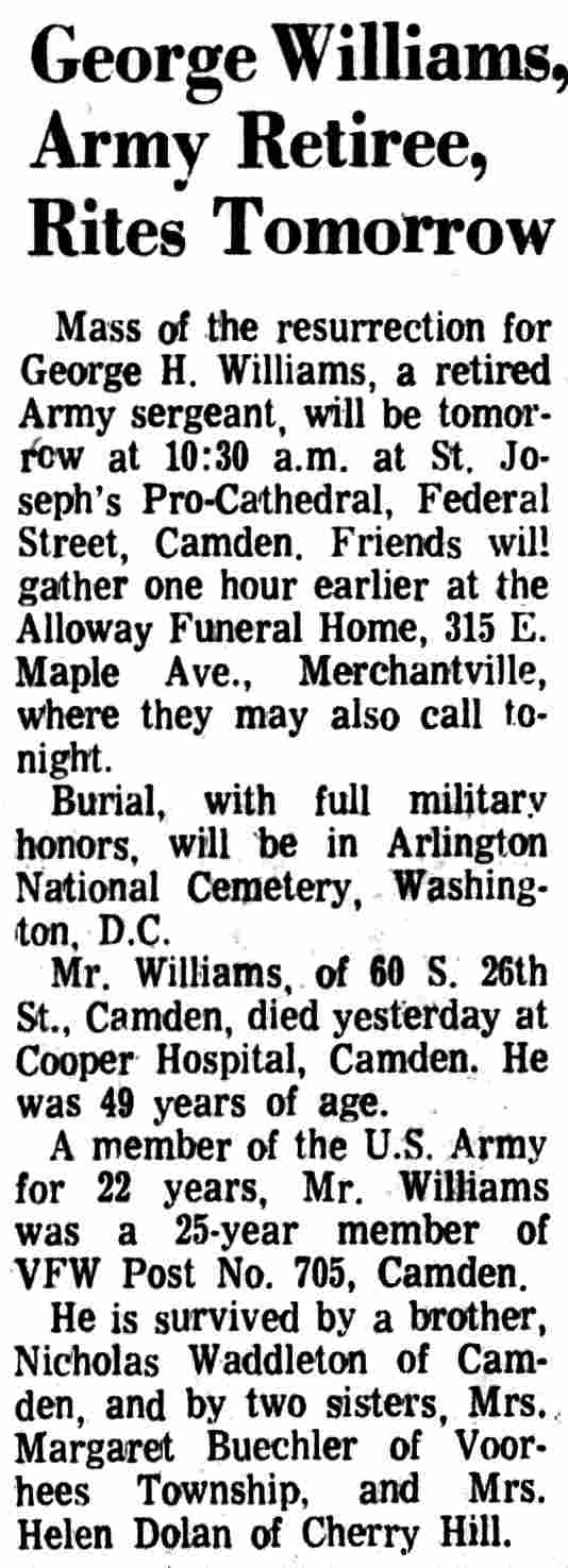 Newspaper clipping, June 26, 1972 — “George Williams, Army Retiree, Rites Tomorrow”