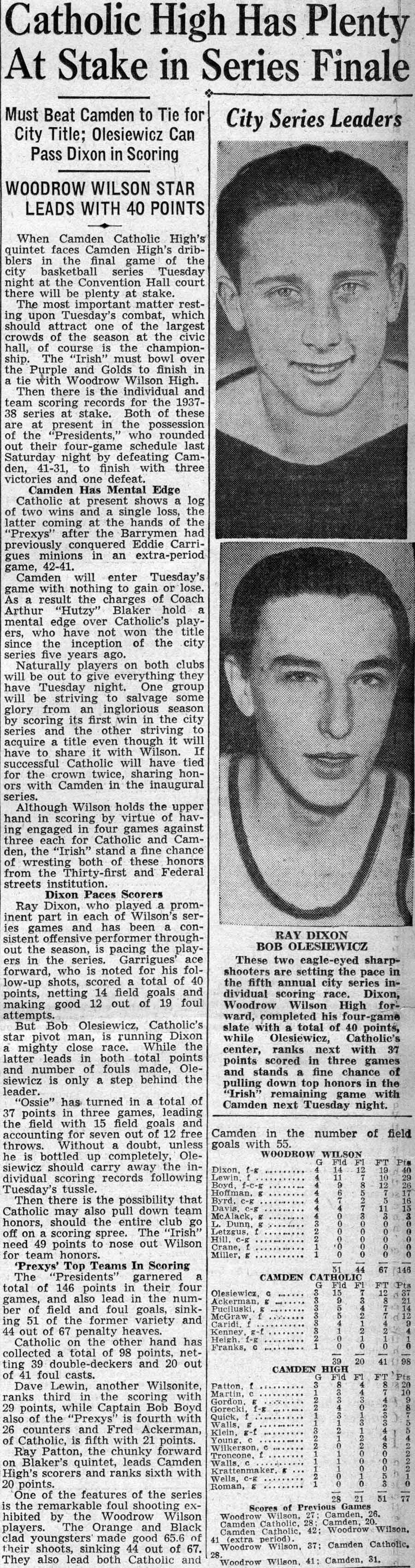 Camden city series basketball statistics, February 1938, newspaper clipping