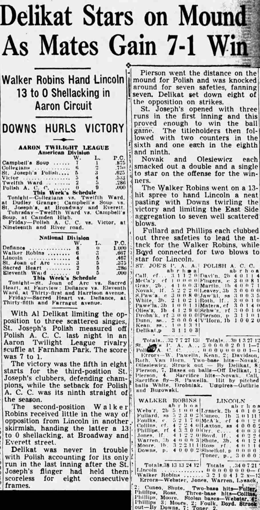 Aaron Twilight League baseball, June 1939, newspaper clipping