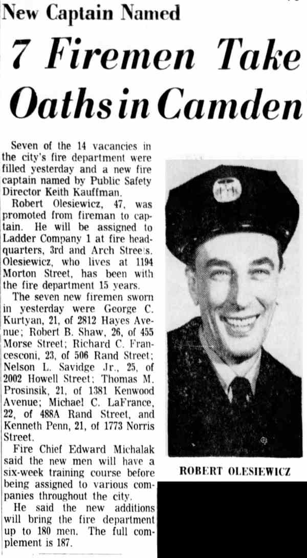 Camden Fire Department promotions, February 1966, newspaper clipping