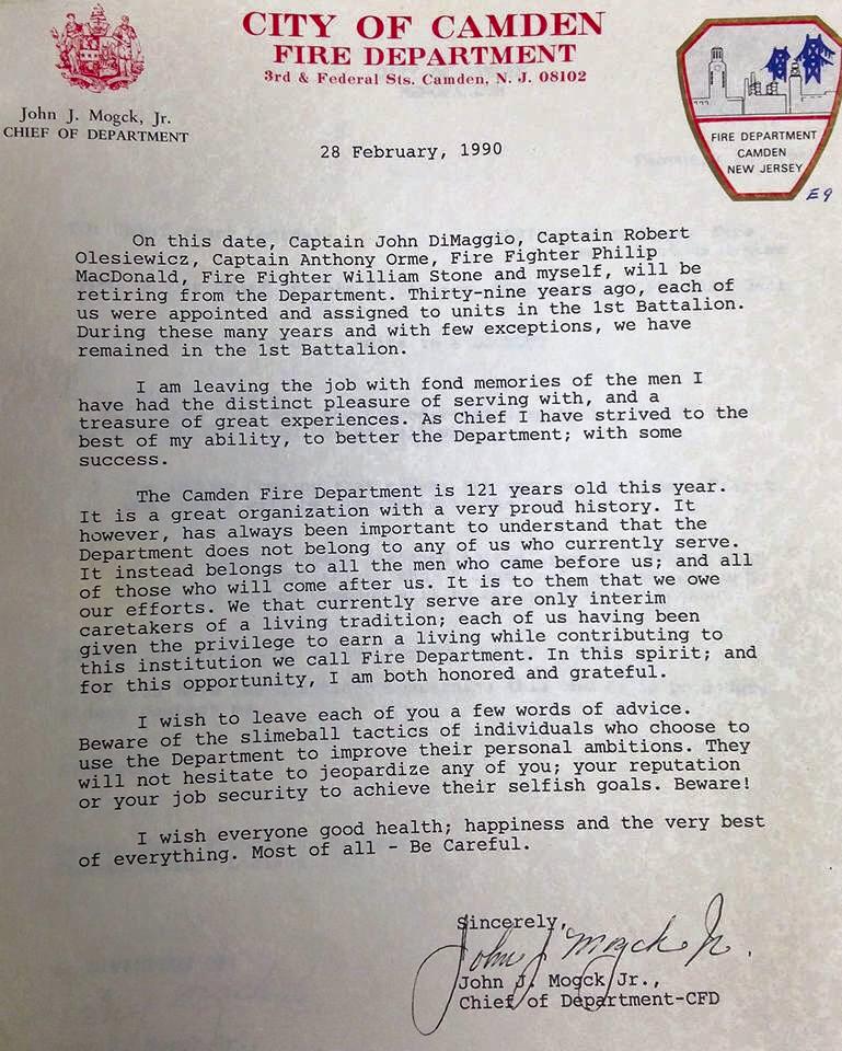 Retirement letter from Fire Chief John J. Mogck Jr., February 28, 1990