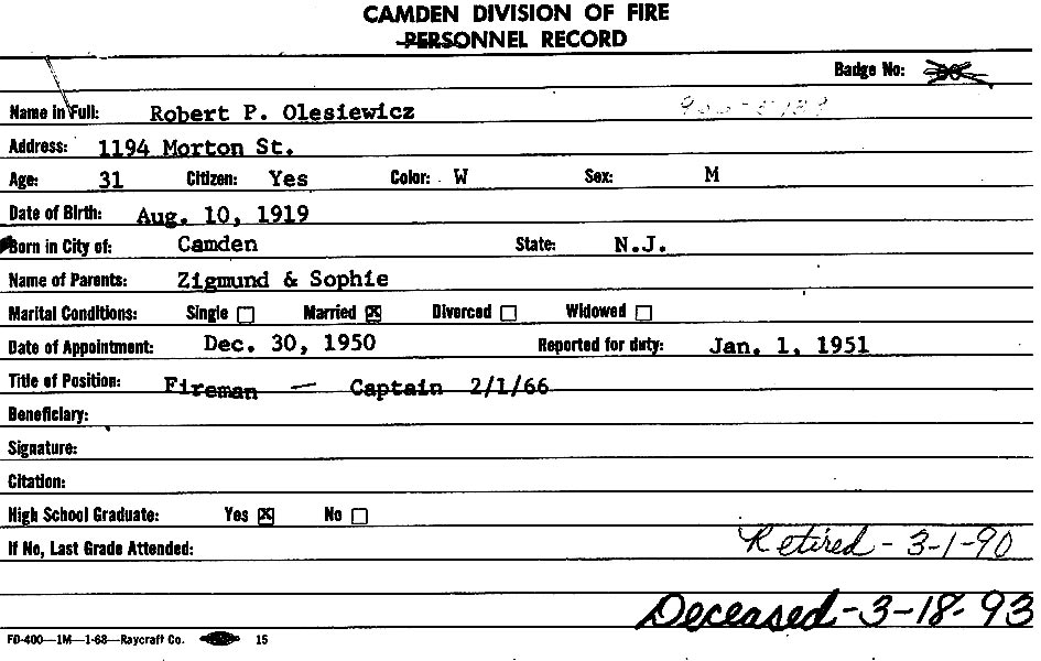 Robert P. Olesiewicz Camden Fire Department record card
