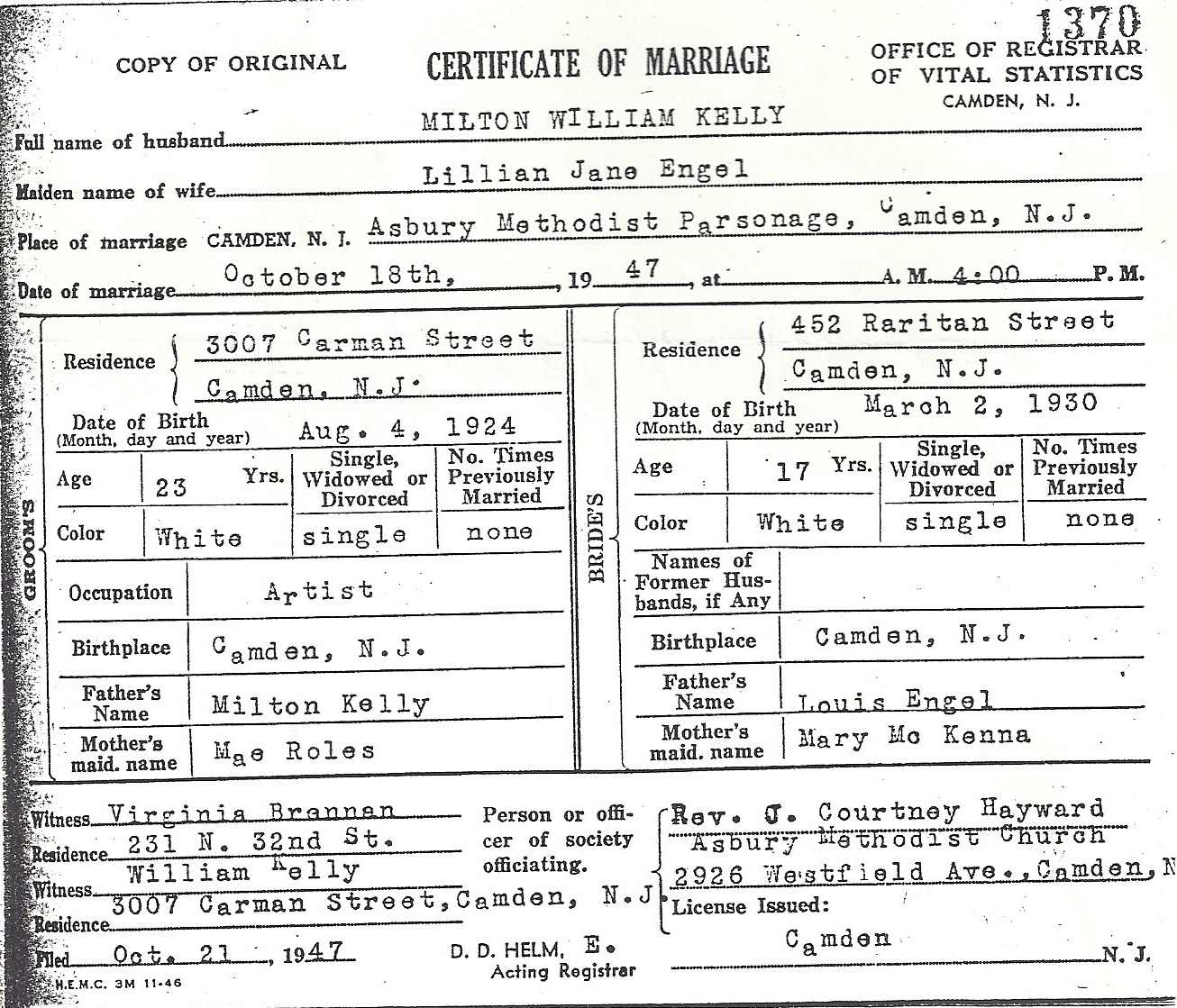 Kelly-Engel marriage certificate, October 1947