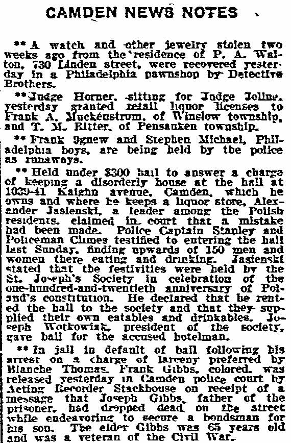Philadelphia Inquirer, May 6, 1911 - Kaighn Avenue, Arthur Stanley, St. Joseph's Society