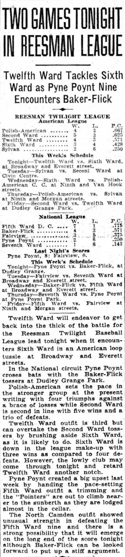 Camden Courier-Post, June 6, 1932 - Two Games Tonight in Reesman League