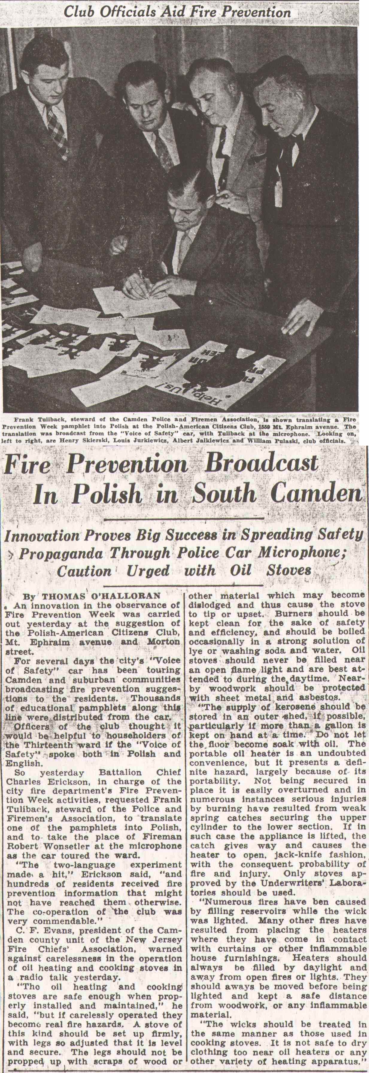 Camden Courier-Post, October 1936 - Fire Prevention Broadcast in Polish in South Camden