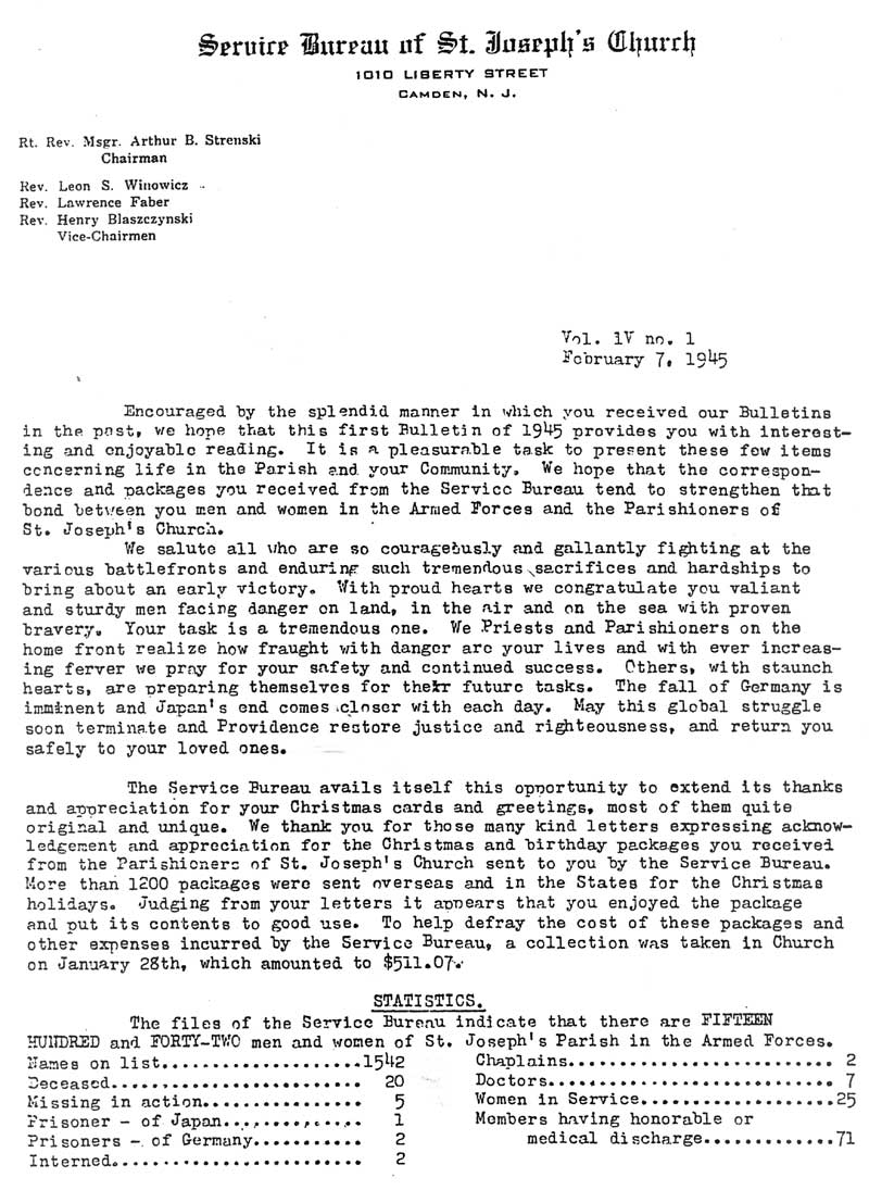 St. Joseph's Parish Bulletin, February 7, 1945, page 1