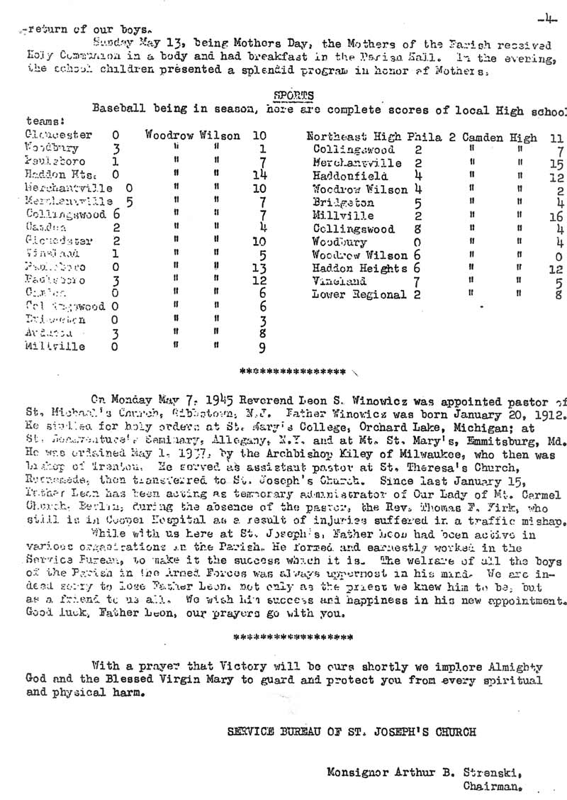 St. Joseph's Parish Bulletin, VE Edition May 1945, page 4