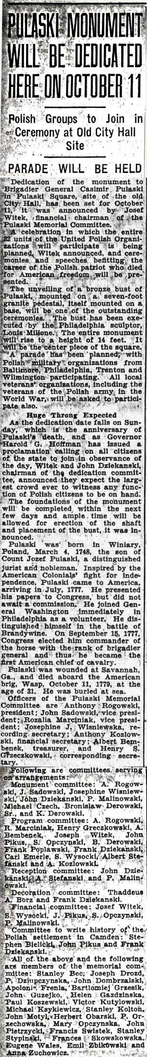Pulaski Monument Will Be Dedicated Here on October 11