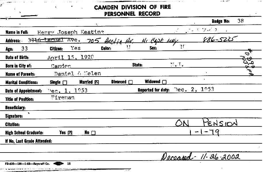 Henry Joseph Keating Sr. Camden Fire Department service record